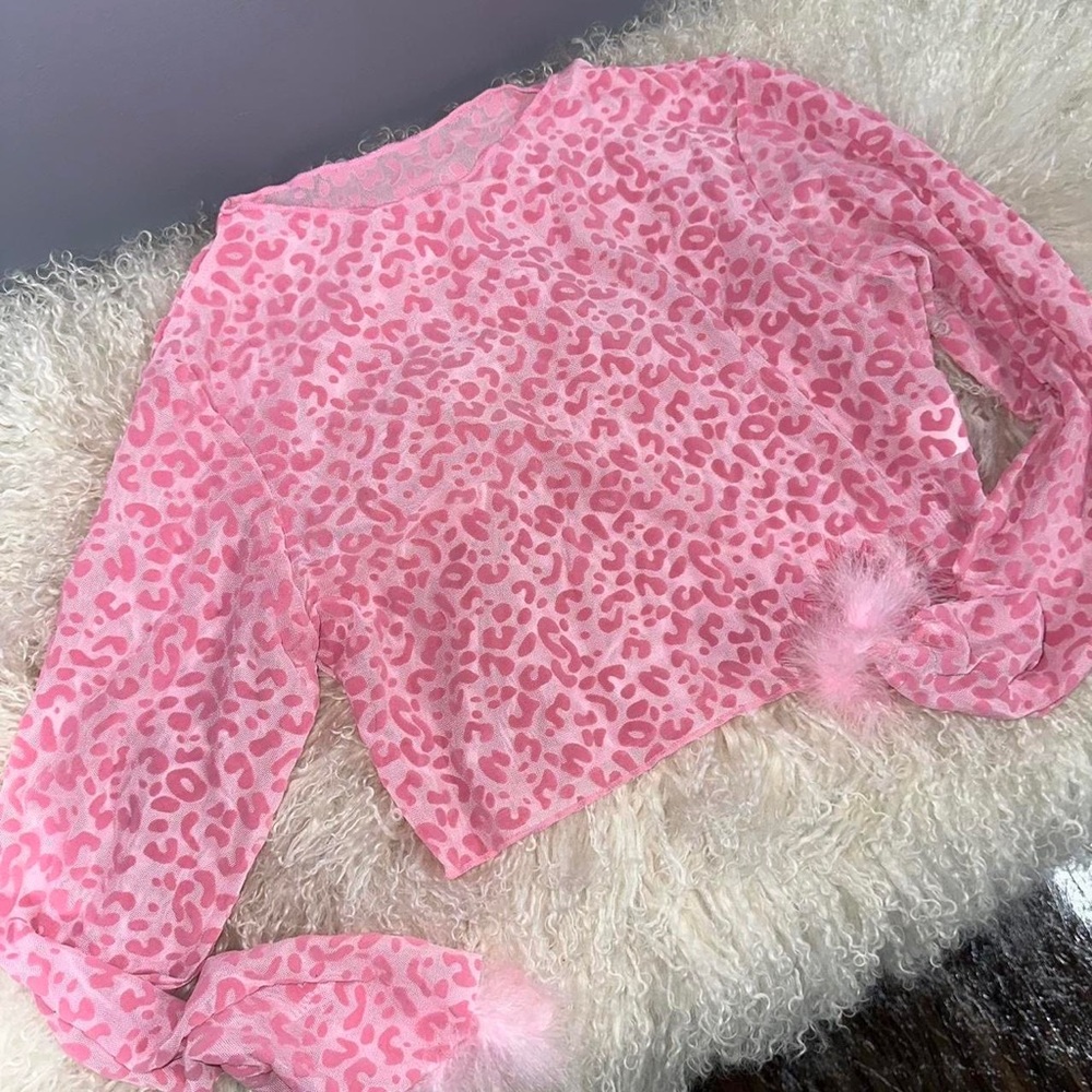 Feather trimmed fuzzy pink cheetah print semi sheer crop top size large